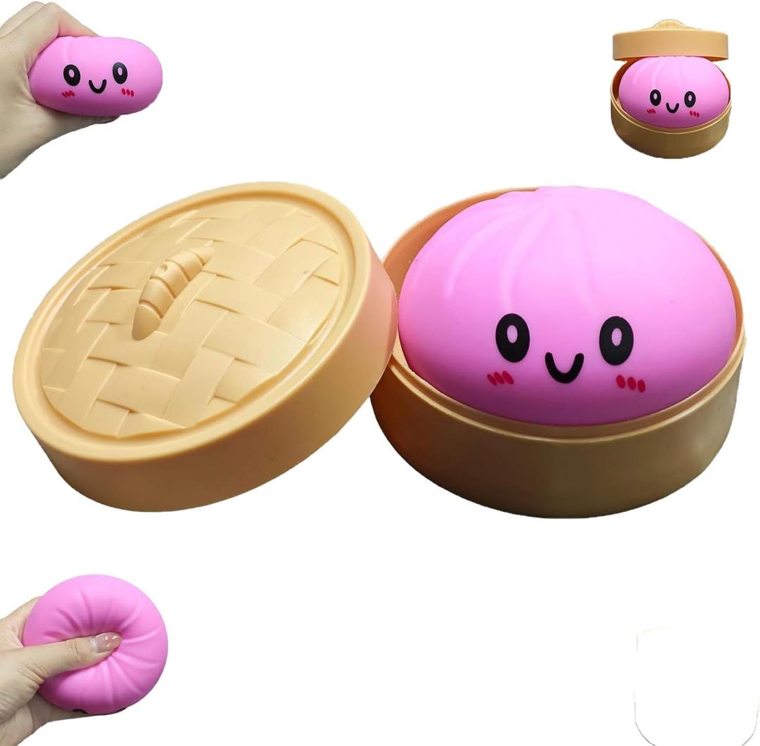Dumpling Squishies, Large Dumpling Squishy, Mystery Jumbo DumplingSquishy,Food Steamer Stretchy Desk Toys, Cute Anxiety Relief Fidget Toy, Soft Squeeze Decompression Dough for Adults (Pink with Eyes)