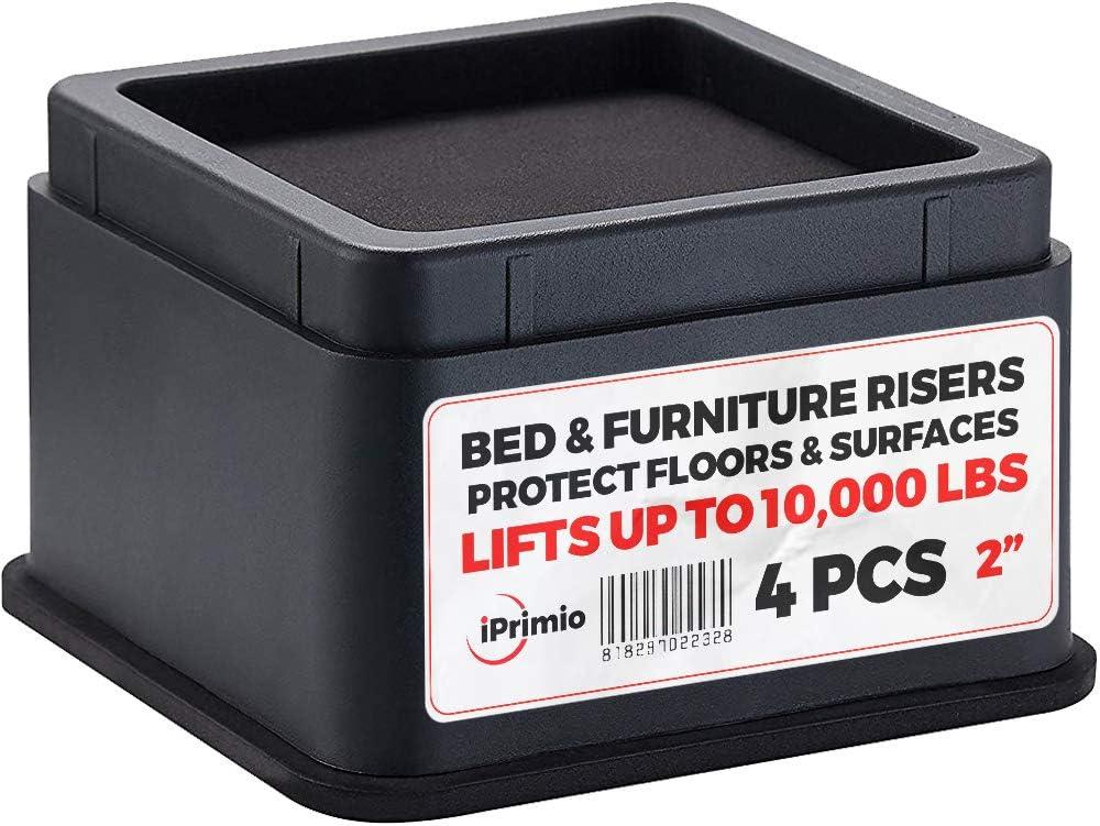 iPrimio Bed Risers 2 Inch Lift - Square, Heavy Duty, 4 Pack, Up to 10000lbs - Bed Raising Blocks, Furniture Risers, Couch Risers - Safe, Sturdy Bed Lifts for College Dorm Rooms, Tables, Desk Riser (4, Black)