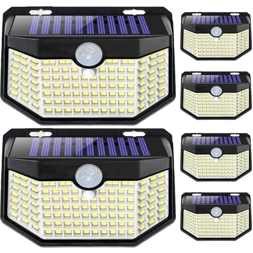 HMCITY 120 LED Outdoor Solar Lights with Motion Sensor and 3 Lighting Modes, IP65 Waterproof Wide Solar Wall Lights Ideal for Garden Patio Yard (Front Button 6Packs, Daylight White, 6500K)