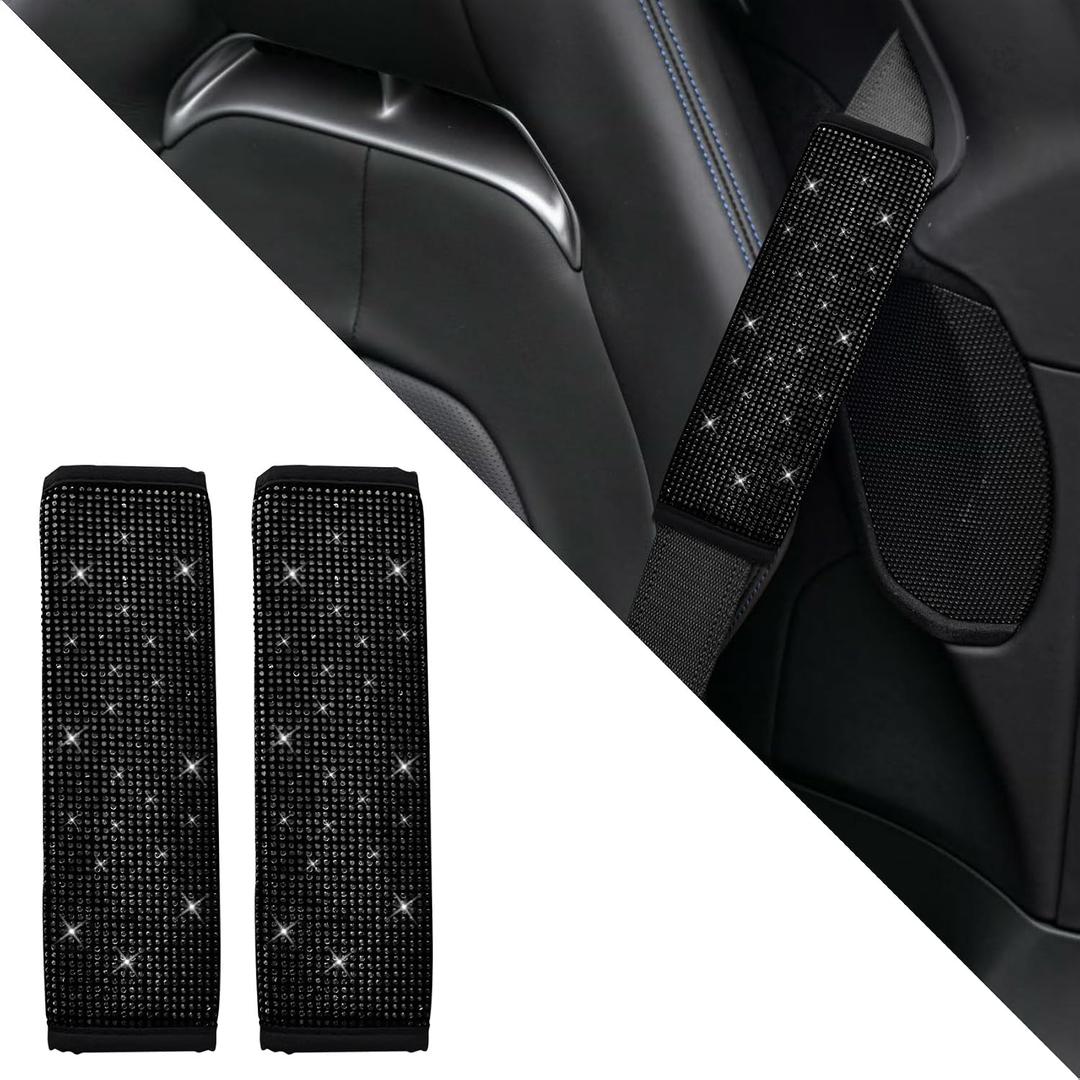 2PCS Bling Car Seat Belt Shoulder Pads, Bling Car Accessories for Women, Crystal Rhinestone Auto Seatbelt Cover, Car Interior Accessories Car Seat Belt Covers for Car (Black Diamond)