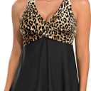 Tempt Me Women Tankini Top Only Flowy Swim Tops V Neck Bathing Suit Top (Large, Black Leopard)
