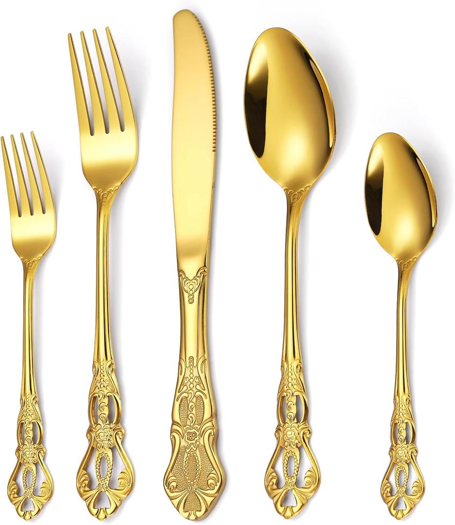 Gold Gorgeous Retro Royal 40 Pieces Flatware Set for 8,Silverware Set 18/0 Stainless Steel Mirror Flatware Cutlery Set, Include Forks Spoons and Knives set, Antique Baroque Dishwasher Safe