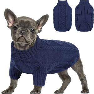 Queenmore Small Dog Pullover Sweater, Cold Weather Cable Knitwear, Classic Turtleneck Thick Warm Clothes for Chihuahua, Bulldog, Dachshund, Pug (Dark Navy, Large)