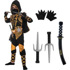 Spooktacular Creations Golden Ninja Costume Set, Ninja Jumpsuit with Foam Accessories for Kids, Toddler Halloween Outfit for Ideas Cosplay Party (Small, 5-7 yrs) (S (5-7 YRS), Gold)