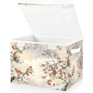 Large Storage Bins with Linen Collapsible Foldable Storage Cubes Fabric Closet Organizer Containers box with Flip-Top Lid for Home Bedroom Office 16.7 x 12.6 x 11.8in (Pattern Color Bird Tree Fruit)