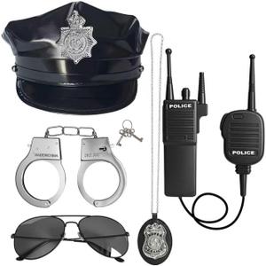 5pcs Halloween Police Officer Role Play Costume Accessories for Adults, Police Hat Handcuffs Walkie Talkies Badge Sunglass Costume Accessories for Men Women, Cop Swat Cosplay for Halloween Party