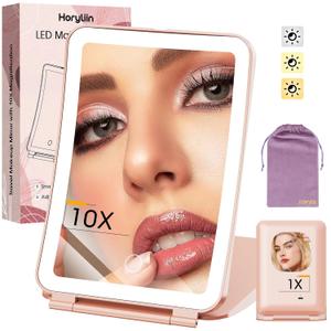 Travel Makeup Mirror with Lights and Magnification, 10X/1X Magnifying Vanity Mirror with 3 Colors & Brightness Adjustable, 2000 mAh Rechargeable Lighted Compact Mirror, Women Gift(Pink)