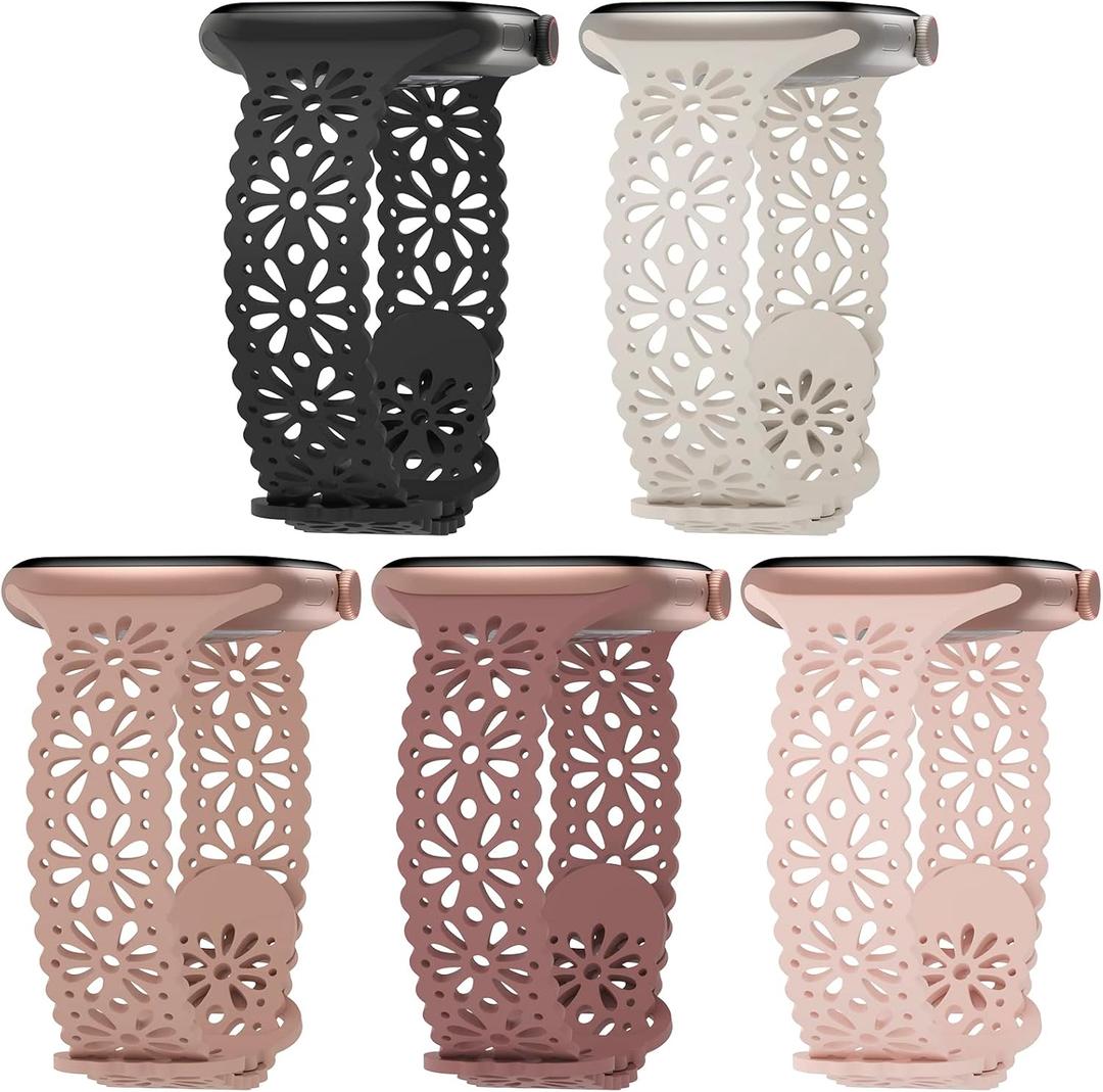 5 Pack Slim Lace Silicone Compatible for Apple Watch Band 38mm 40mm 41mm 42mm 44mm 45mm 46mm 49mm, Thin Hollow-out Breathable Strap for iWatch Ultra 3 2 1 Series 11/10/9/8/7/SE/6/5/4/3/Women Men (Black/Starlight/Smoke Violet/Milk Tea/Sand Pink)