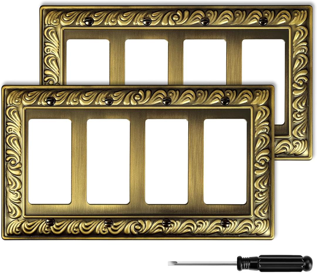 Antique Brass Decorative Wall Plate Light Switch Cover Decorator Outlet Covers Rocker Switch Plates Metal Material Wall Plates for Kitchen Bathroom (4 Gang Quad Decorator-2 Pack)