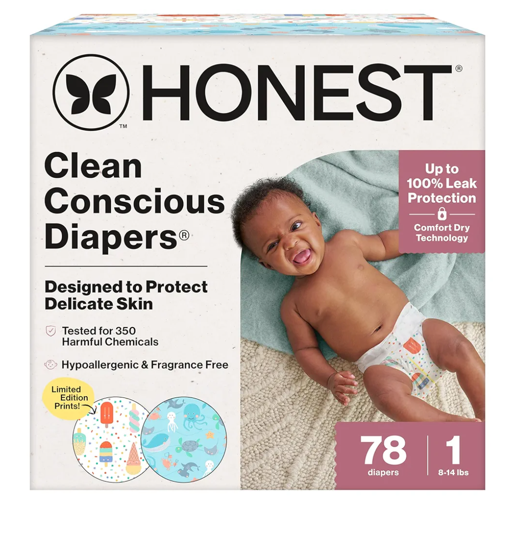 The Honest Company Clean Conscious Diapers for Delicate Skin | Up to 100% Leakproof | Hypoallergenic, Fragrance Free | Summer '25 Limited Edition Prints | Club Box, Size 1 (8-14 lbs), 78 Count