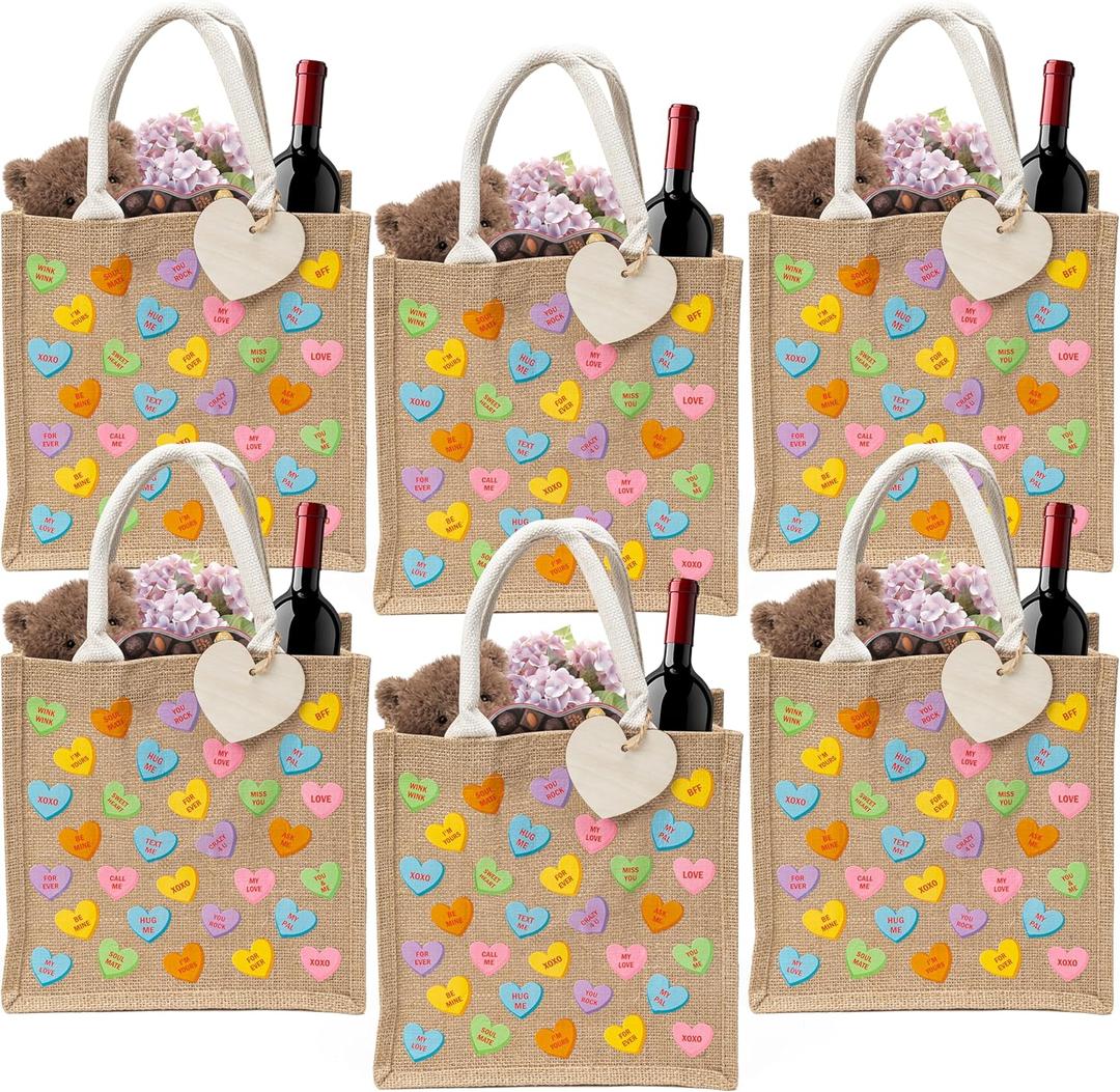 CJiangpo 6 Pack Valentine's Day Burlap Gift Bags, Large Conversation Heart Tote with Handle, Reusable Colorful Candy Linen Jute Bag Goodie Snack Basket and Wood Heart Shape Cutout for Party Favors