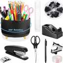 Desk Organizers and Accessories Set with 360-Degree Rotating Pen Holder, Tape Dispenser, Stapler, Staple Remover, 1000 Staples, Tape, Clips Set, Ruler, Scissor, Pen (Black)