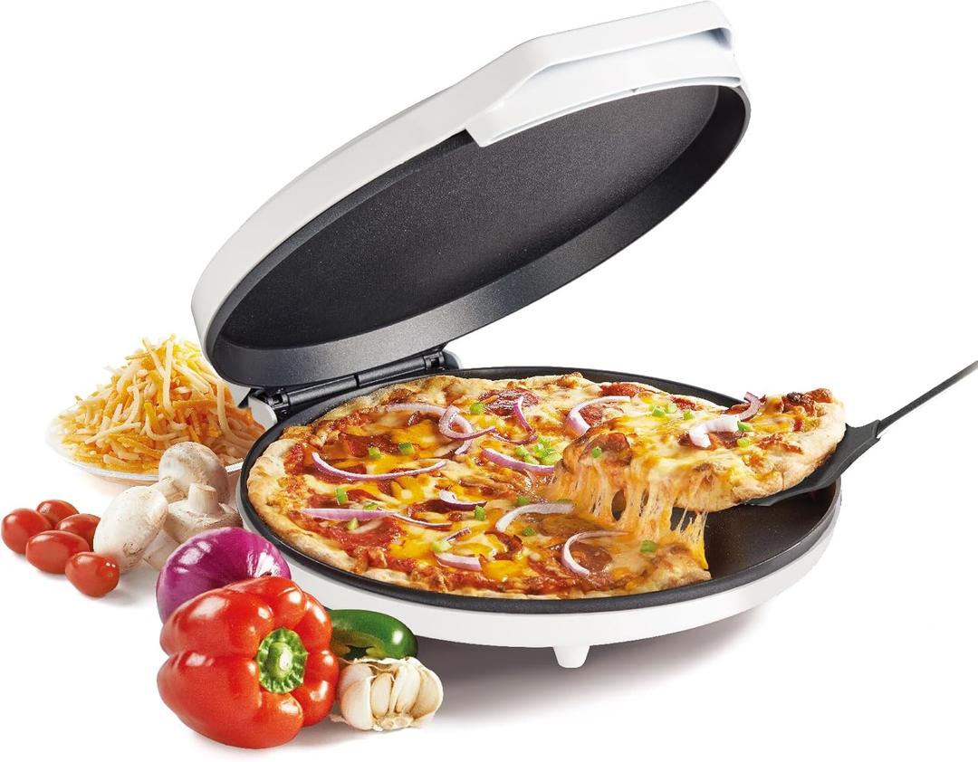 Betty Crocker Pizza Maker Plus, 12" Indoor Electric Grill, Nonstick Griddle Pan for Pizzas, Quesadillas, Tortillas, Nachos and more, 12" Electric Griddle for Delicious Meals and Snacks, White (Full Size)
