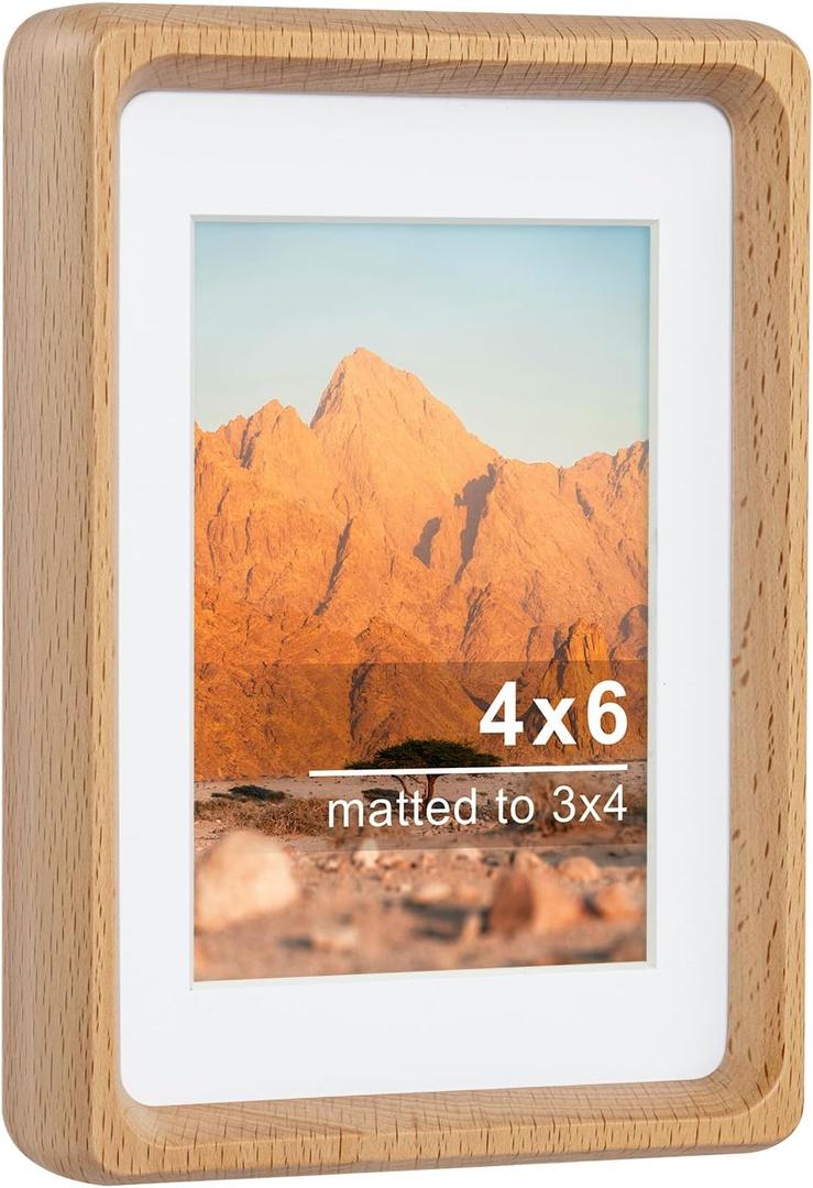 4x6 Natural Wood Picture Frame, Handmade Beech Wood Photo Frame, Display 3x4 Picture with Mat or 4x6 Without Mat, Tabletop Display and Wall Hanging