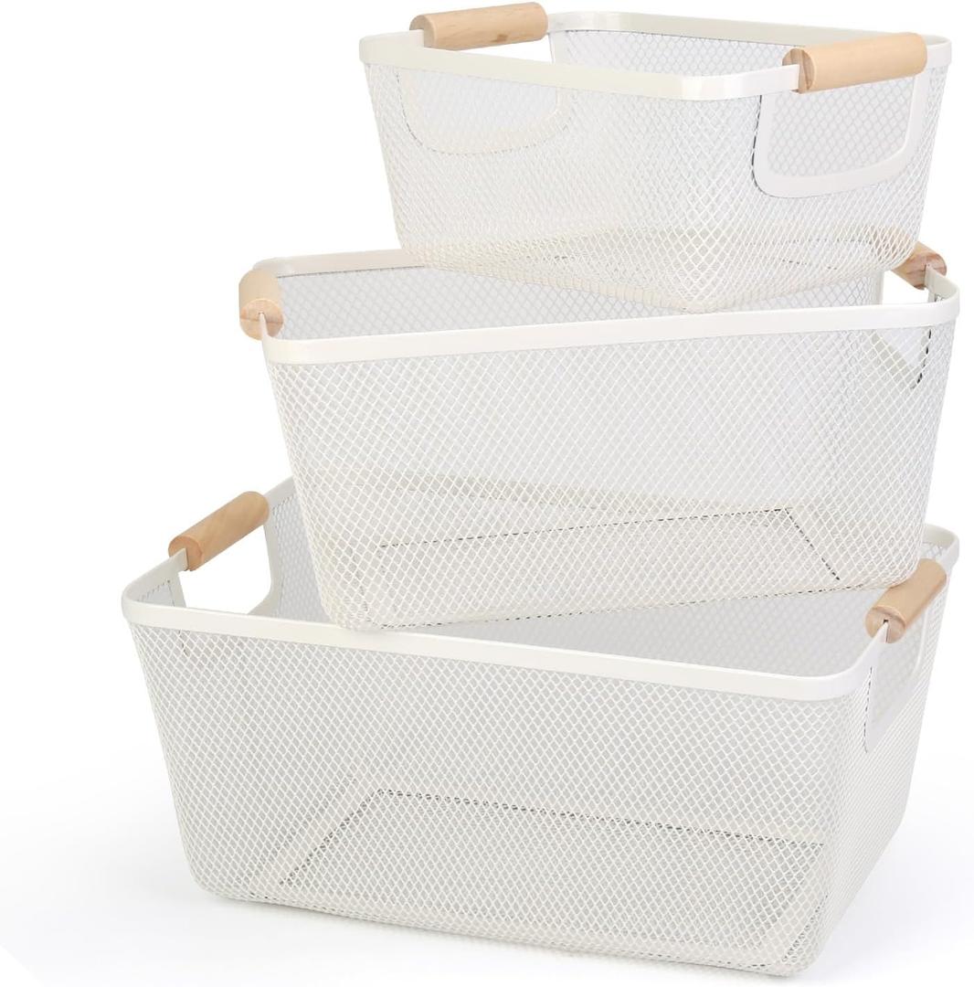 Wire Baskets for Organizing, 3 Pack Metal Mesh Basket with Handle for Pantry, 3 Sizes Wire Steel Bins Kitchen Organizers, Rectangle Fruit Vegetable Containers for Shelves Cabinets Storage Organization