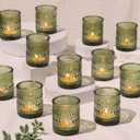 30 Pcs Green Votive Candle Holders, Glass Tea Lights Holder with Polka Dot Embossed, Vintage Candle Holder for Weddings, Home Decor, Baby Shower, Special Occasions