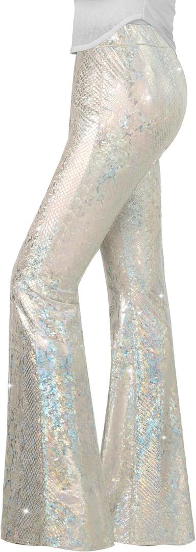 Nawgut Sequin Flare Pants Sparkly Glitter High Waisted Bell Bottoms Leggings Party Disco Clubwear for Women (Large, White)