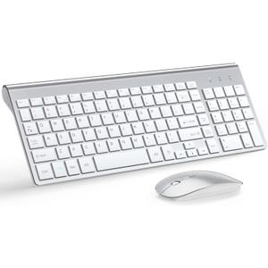 Wireless Keyboard and Mouse Ultra Slim Combo, TopMate 2.4G Silent Compact USB 2400DPI Mouse and Scissor Switch Keyboard Set with Cover, 2 AA and 2 AAA Batteries, for PC/Laptop/Windows/Mac-Silver White