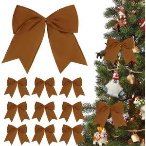 12Pcs Vintage Velvet Bows Christmas Tree Decorations,6 Inch Brown Xmas Ornaments for Tree Home Party Front Door Wreath Holiday Indoor Inside Decor