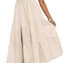 ZESICA Women's Boho Summer One Shoulder Short Sleeve Smocked Side Split Ruffle Swing Midi Dress (Beige, S)
