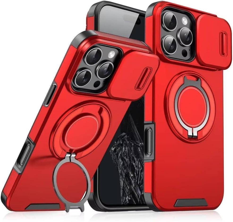 Heavy Duty Series Designed for iPhone 15 Pro Max Case,Rugged 360 Rotatable Ring with Invisible Holder Stand,Slide Camera Cover & Military Grade Drop Protection Shockproof,Red