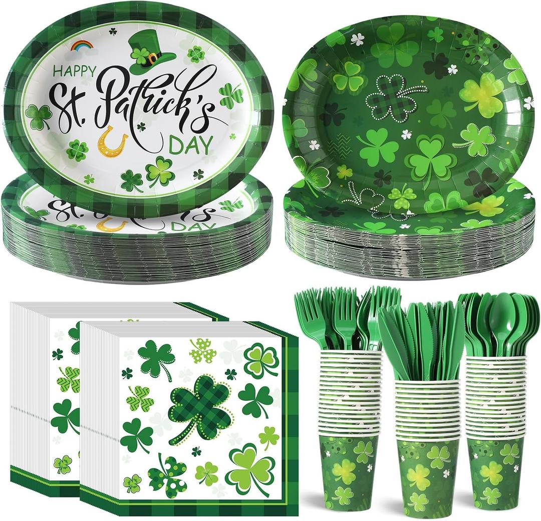 350 Pieces St. Patricks Day Party Supplies Irish Party Tableware Set for 50 Guests Include Oval Dinner Plates Dessert Plates Napkins Paper Cups Plastic Forks Spoons Knives