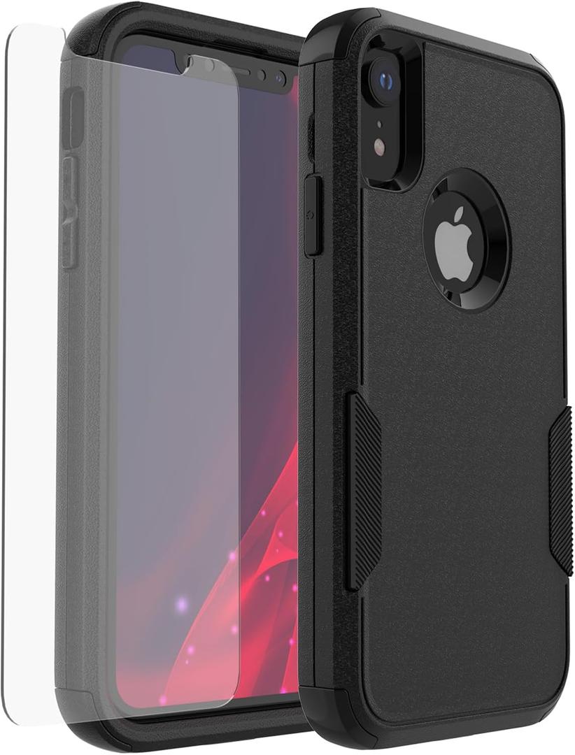 for iPhone XR Heavy Duty Phone case, 3-Layer Anti-Slip Full Body Protection Shockproof Drop Proof Protective iPhone XR Case with Screen Protector,6.1 (Black).