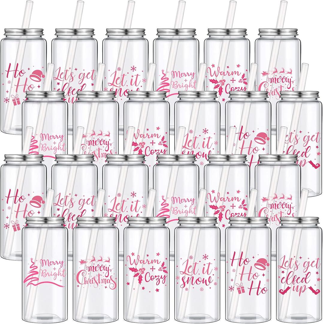 Pickmesh 24 Pcs Christmas Plastic Cups Bulk 13.5 oz Reusable Cups with Lid and Straw Pink Cold Drink Coffee Water Beverage Tumbler Gifts for Adults Xmas Party Favor Holiday Supplies