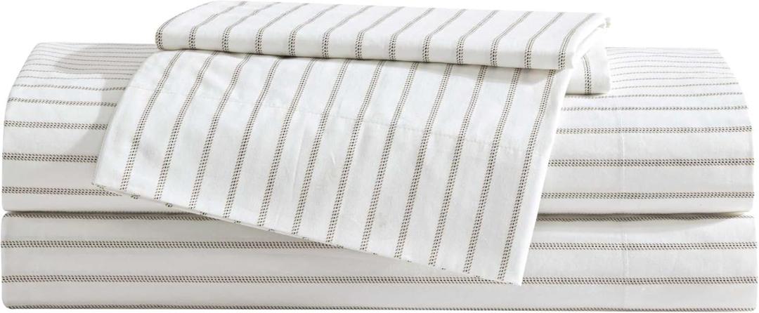 Eddie Bauer - Queen Sheet Set, Cotton Percale Bedding Set, Super Soft and Bedding Set, Oeko-Tex Certified (Essential Stripe Beige, Queen)