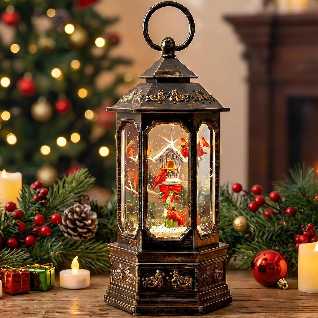 Christmas Snow Globe Lantern Water Glittering 11.6'' Cardinal & Birdhouse with Music & Timer, USB Lined/Battery Operated Lighted Lantern for Christmas Festival Decoration Gifts