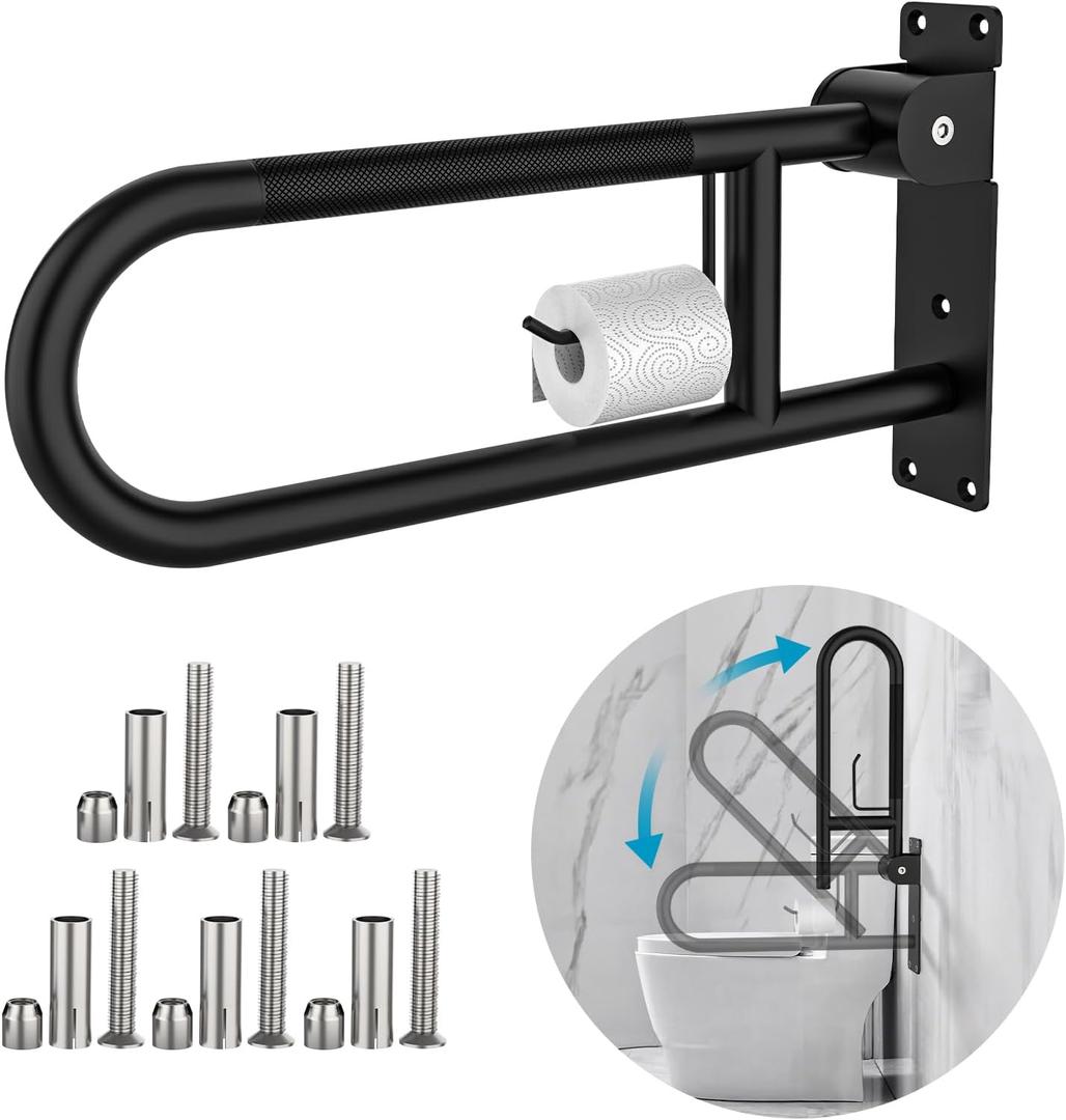 Toilet Grab Bar 22.4 Inch Black, Munzong Anti-Slip Handicap Grab Bars with Paper Holder, Flip-Up Bathroom Safety Rails, Stainless Steel Knurled Support handrails for Seniors Elderly Disabled Pregnant