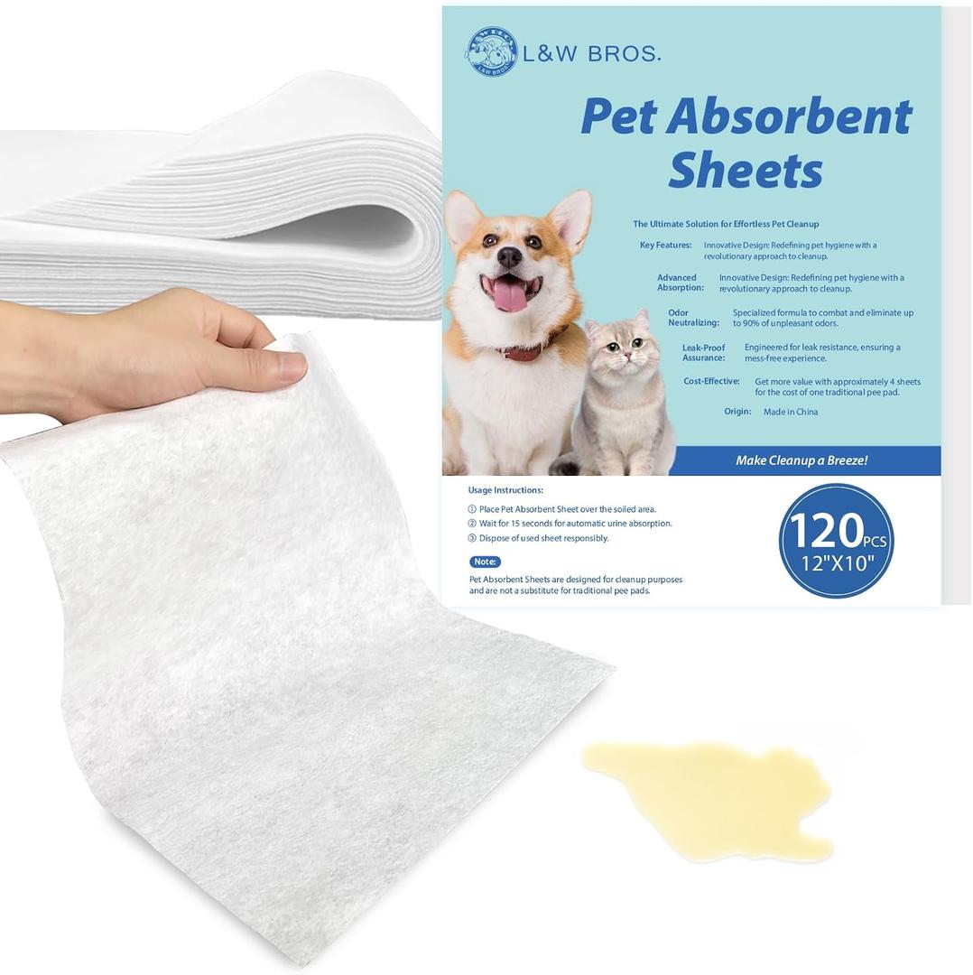 L&W BROS. Pet Absorbent Sheets Innovative Solution for Mess-Free Cleanup (Not Traditional Pee Pads), 12"x10" Quick Absorbent Paper Towels for Dog Pee Stain & Odor Remover (50 PCS)