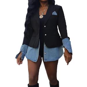 Vaceky Women's Denim Shirt-Tail Blazer Pearl Buttons Slit Jean Cuffs Business Jacket (Large, Black)