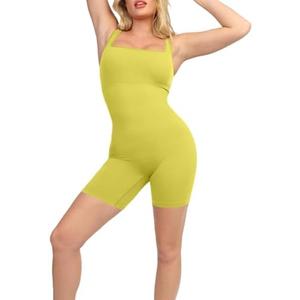 Popilush Shapewear Jumpsuits for Women Built-in Bra Square Neck Rompers Shorts Bodycon Bodysuits Summer Outfits, L