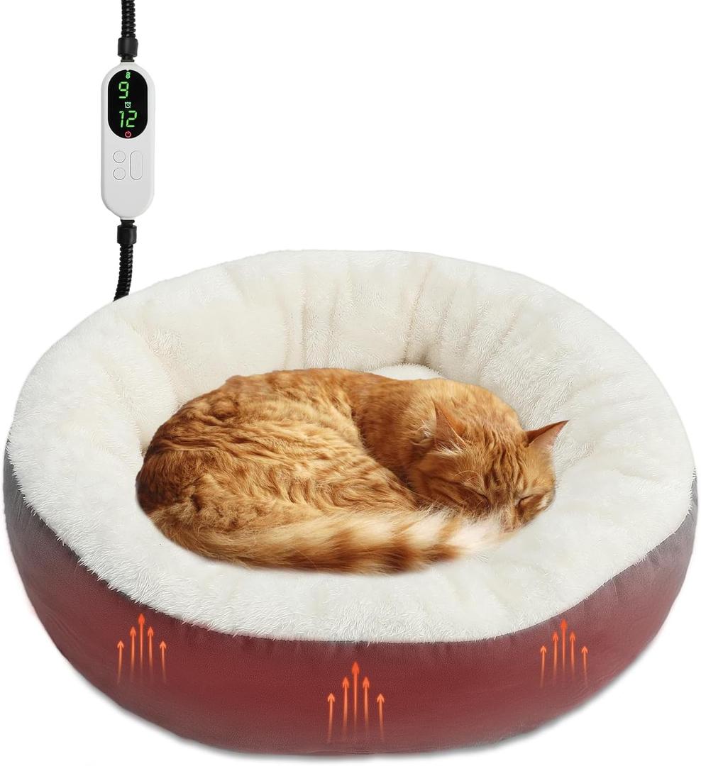 Rypet Heated Cat Bed Indoor, Soft & Cozy Donut Heated Pet Bed with Timer and Timer, Adjustable Temperature Heated Dog Beds for Small Dogs and Senior Cats with Chew Resistant Cord