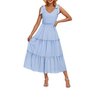 ZESICA Women's 2025 Summer Boho Casual V Neck Sleeveless Midi Dresses Tie Shoulder Flowy Tiered A Line Beach Long Sundress (Blue), Large