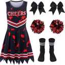 Zombie Cheerleader Costume for Girls Cheer Costumes Kids Halloween Scary Bloody Dress Accessories Set Size L