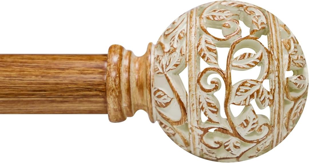 Boho Wood Curtain Rods For Windows 48 to 84 Inches, 1 Inch Heavy-Duty Adjustable Decorative Curtain Rods With Branches Leaves Hollow Finials for Bedrooms and Living Rooms In Farmhouses.