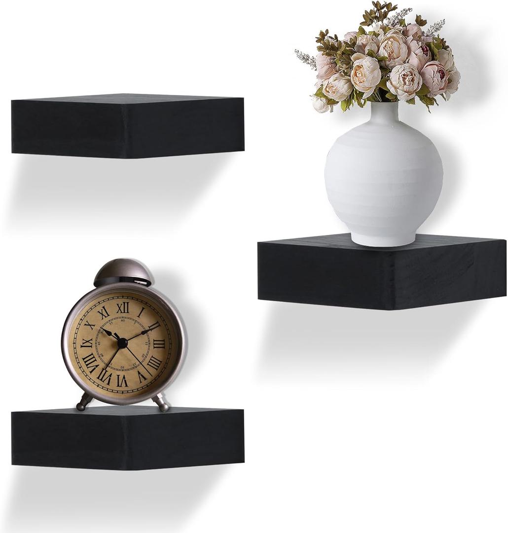 Small Floating Shelf,Set of 3 Display Ledges for Wall,Mini Shelves,Rustic Wood Shelf for Bedroom Living Room Bathroom Kitchen (6 Inch, Black)