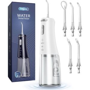 Onlyone Water Dental Flosser, 300ML Portable Oral Irrigator for Teeth, 4 Modes and 5 Jet Tips,Rechargeable Irrigation Cleaner,Electric Flossing Machine Power Flossers & Irrigator Accessories, White