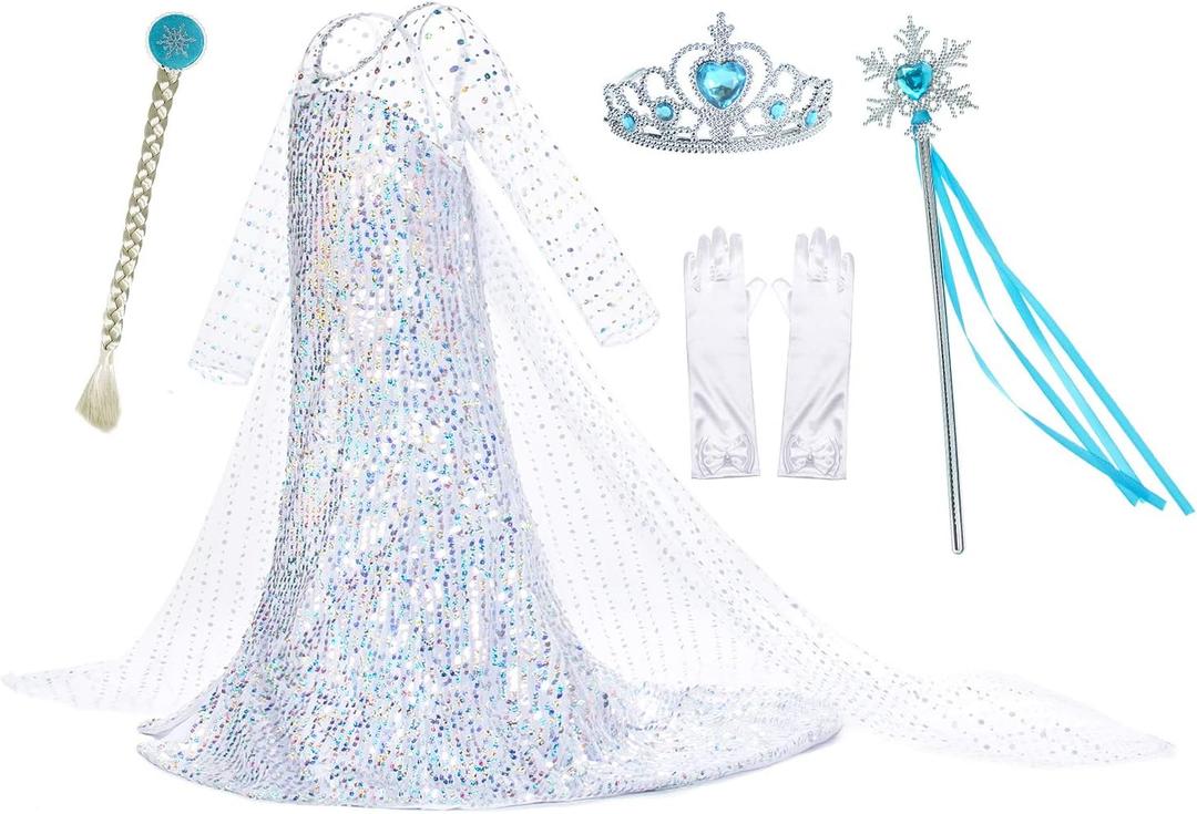 Luxury Princess Dress Costumes with Shining Long Cape Girls Birthday Party (5-6 Years, White-02)