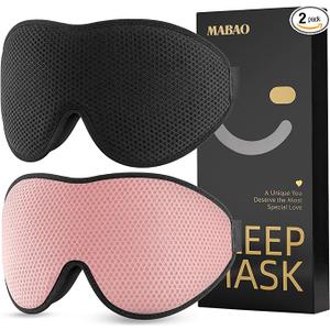 MABAO 2 Packs Sleep Mask for Side Sleeper, Eye Mask for Sleeping Women Men, 3D Contoured Cup No Eye Pressure 100% Light Blocking Sleeping Mask with Adjustable Strap Night Blindfold, Nap, Black & Pink