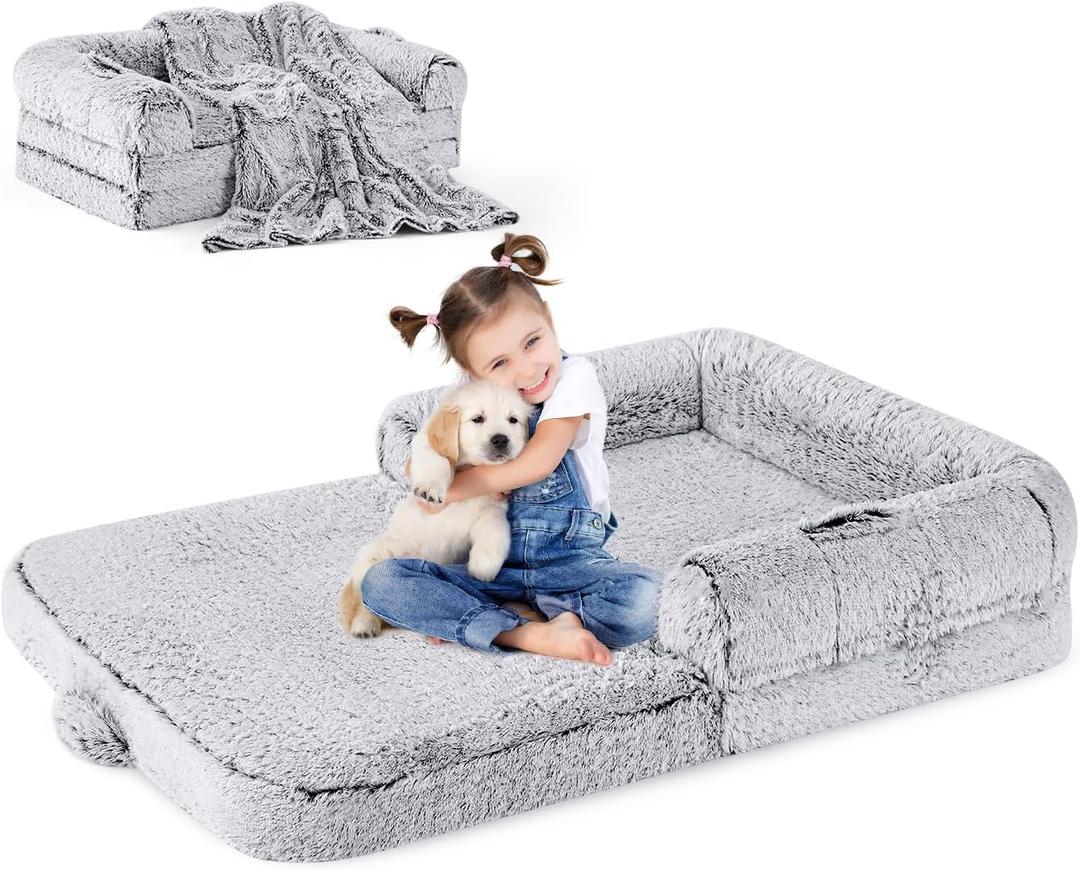 Human Dog Bed for Kids, 2 in 1 Foldable XL Bed for People Fits Pet Families, Orthopedic Calming Memory Foam Dog Sofa, Faux Fur Human Size Pet Bed with Blanket, 54"x38"x8.5", Grey