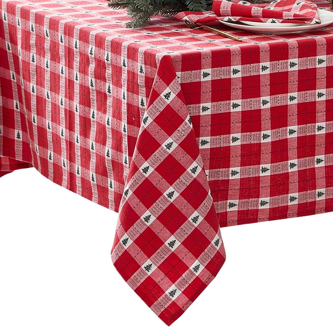 Elrene Home Fashions Sherwood Tree Dobby Christmas/Holiday Cotton Rectangle Tablecloth, 52"x70", Red