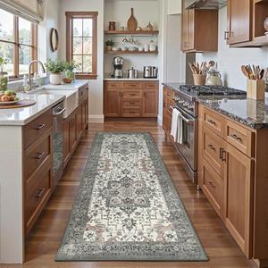 2x6 Runner Rug, Non-Slip Washable for Kitchen Hallway, Soft Low-Pile Area Rugs, Vintage Traditional Floral Aesthetic Carpet, Stain-Resistant Durable, Non Shedding Bedroom Bathroom Decor, Taupe