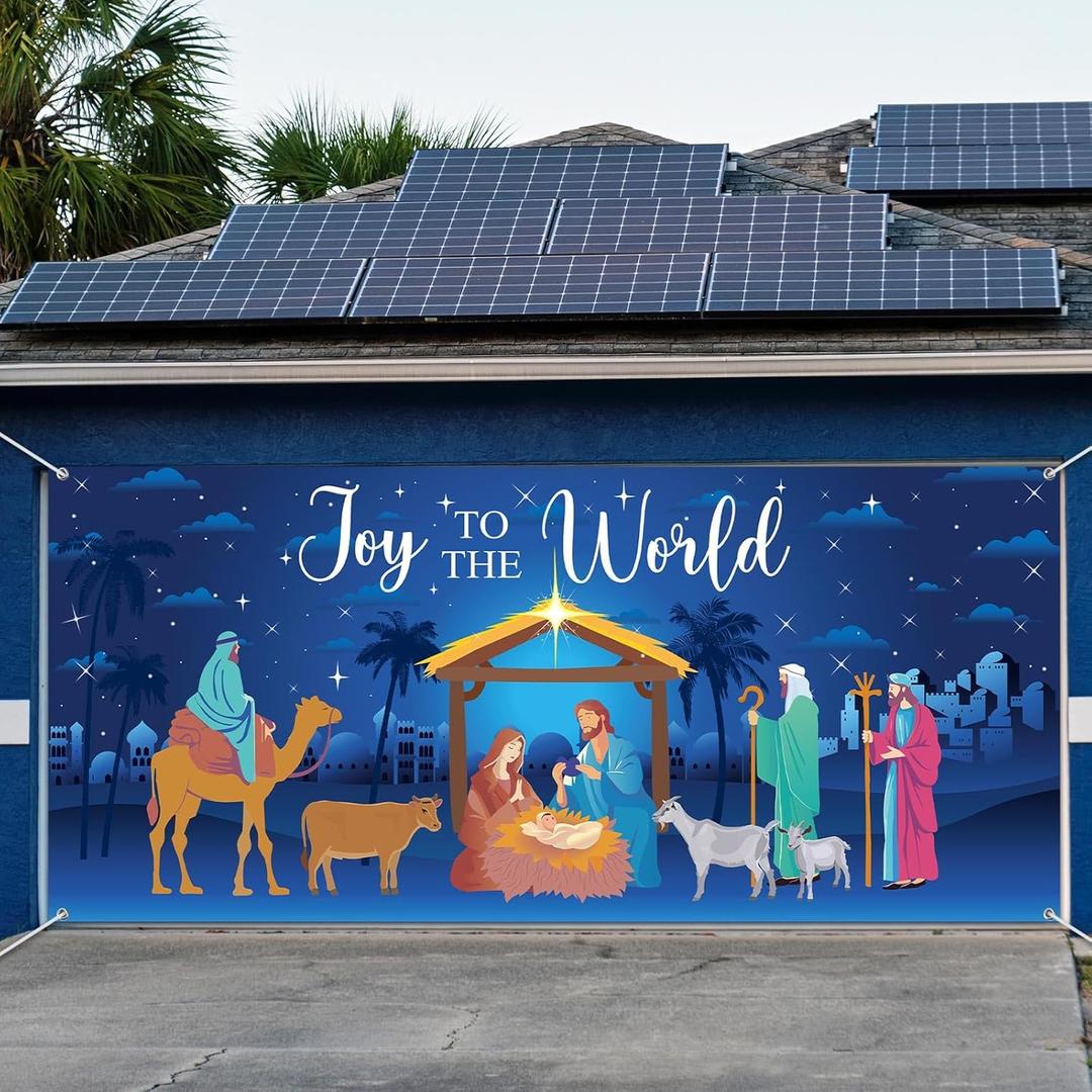 Buryeah Christmas Garage Door Cover Banner Decorations 6 x 13 ft Christmas Garage Door Cover Large Backdrops for Holiday Decorations for Indoor Outdoor Wall(Nativity Style,Blue)