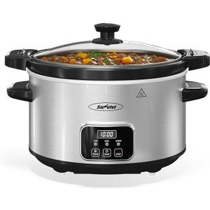 Sunvivi 4QT Programmable Slow Cooker with Locking Lid, Removable Ceramic Pot, 3 Heating Settings & Timer, Dishwasher-Safe, Stainless Steel Silver