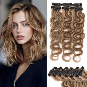 Rich Choices Short Clip In Hair Extensions Real Human Hair-Wave/Curly 6 Pcs Single Clip Hairs Extensions For Women-Mini Clips Hairpieces-10 Inch #4P27 Medium Brown Highlighted Dark Blonde