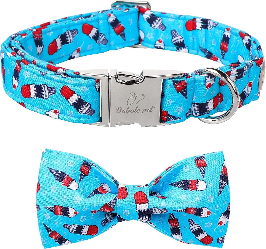 4th of July Dog Collar with Bow Tie, Summer Ice-cream Flag Day Dog Bowtie Collars, Blue Adjustable Patriotic Pet Collar for Large Dogs  XL