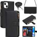 iCoverCase Compatible with iPhone 14 Plus Crossbody Case with Strap for Women, Wallet Phone Case with Card Holder, Zipper Purse PU Leather Flip Cover Case 6.7 Inch (Black) (Not Detachable (Long Strap)--Black)